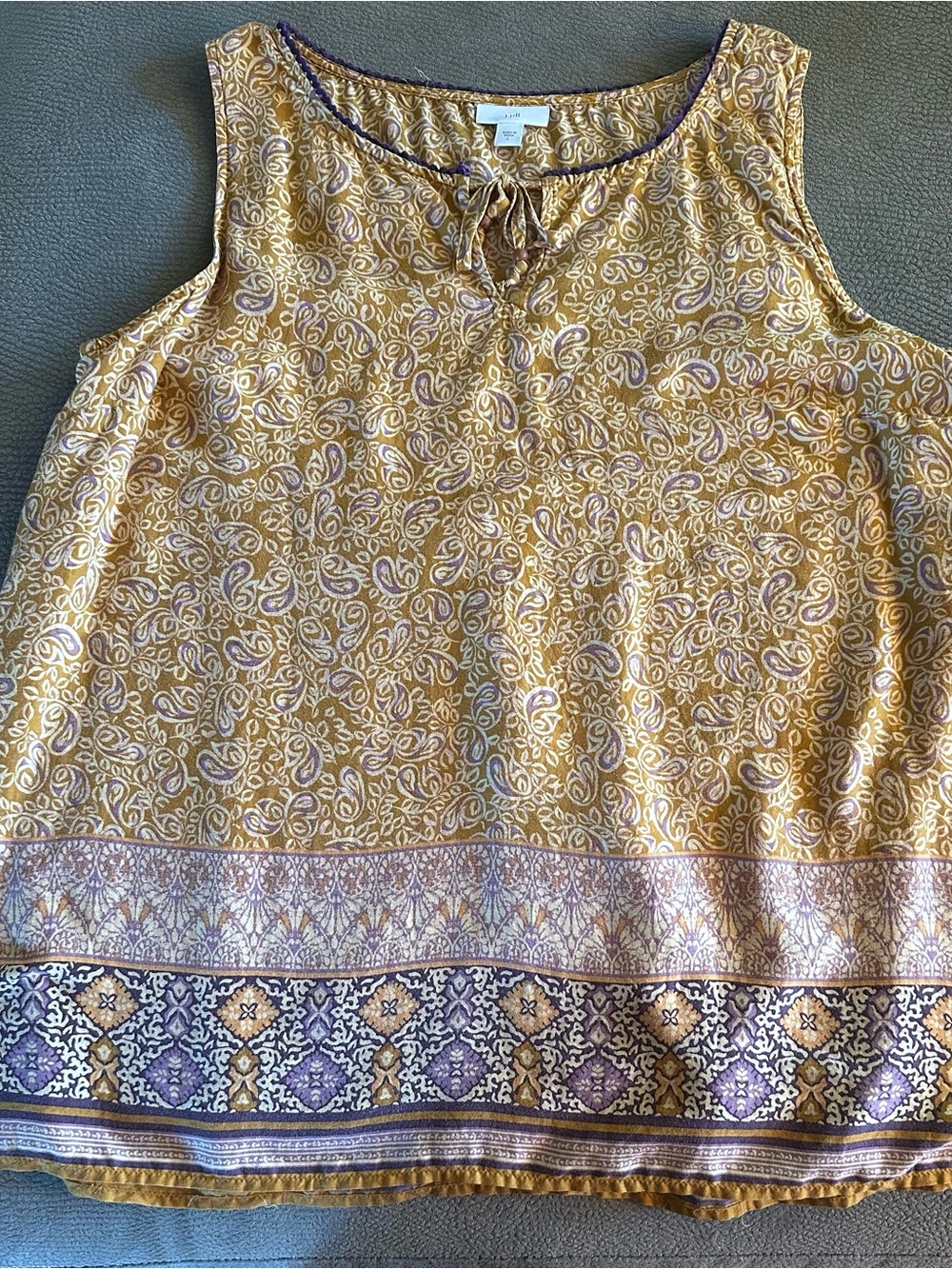 J Jill sleeveless tunic top - goldenrod/purple bohemian pattern